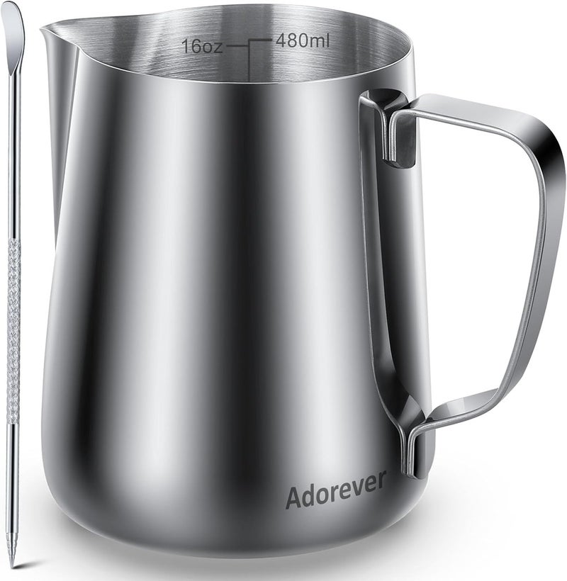 Adorever Milk Frothing Pitcher, 16oz 480ml Milk Frother Cup Stainless Steel Steaming Pitcher, Coffee Bar Cappuccino Espresso Machine Accessories Barista Tools, Steamer Cup Milk Jug with Latte Art Pen - Image 1